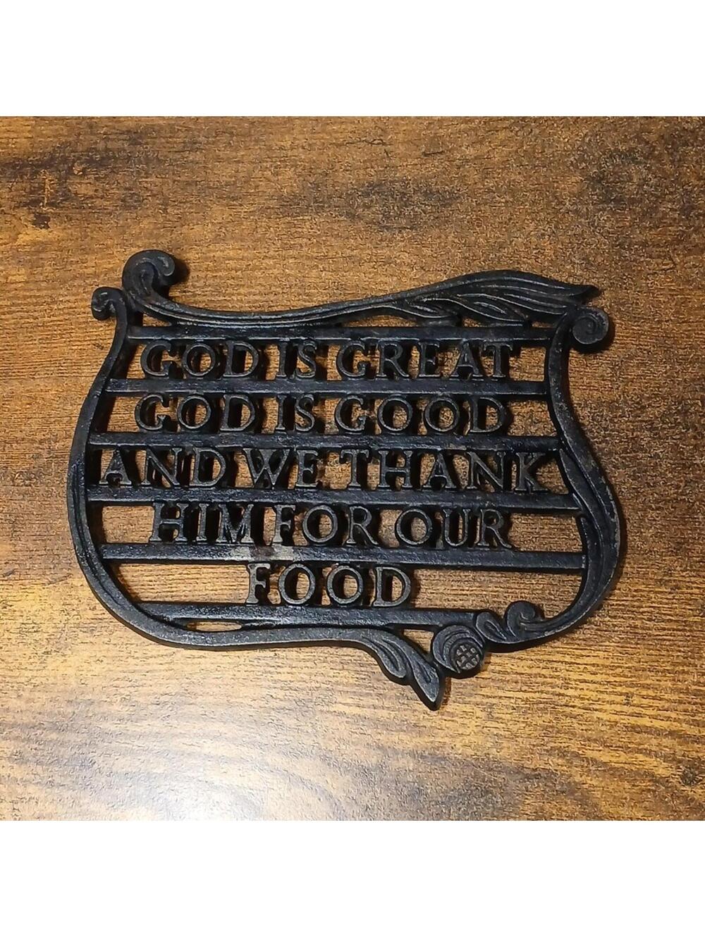God is Great Kitchen Cast Iron Trivet, Wilton, Meal Time Prayer Christian Decor